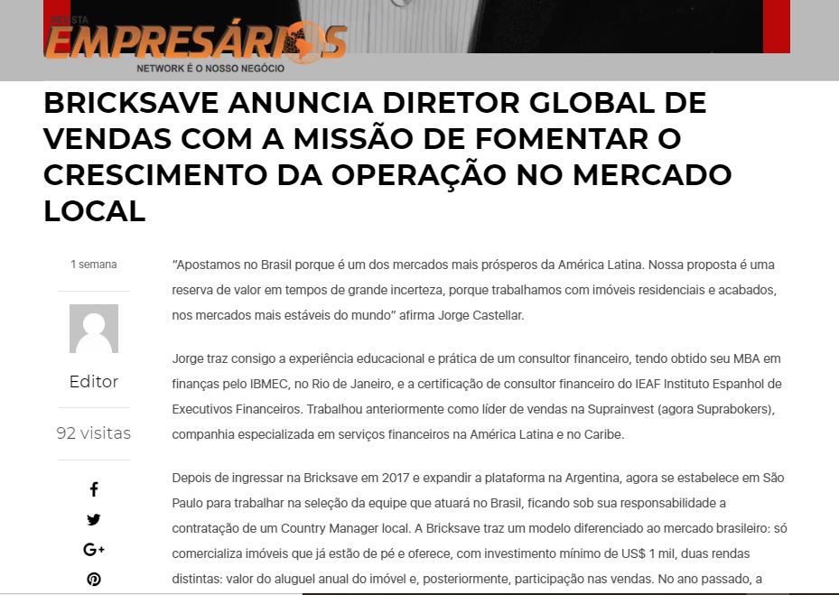 Bricksave anuncia al Director global de ventas con la misión de impulsar el crecimiento en el mercado brasileño