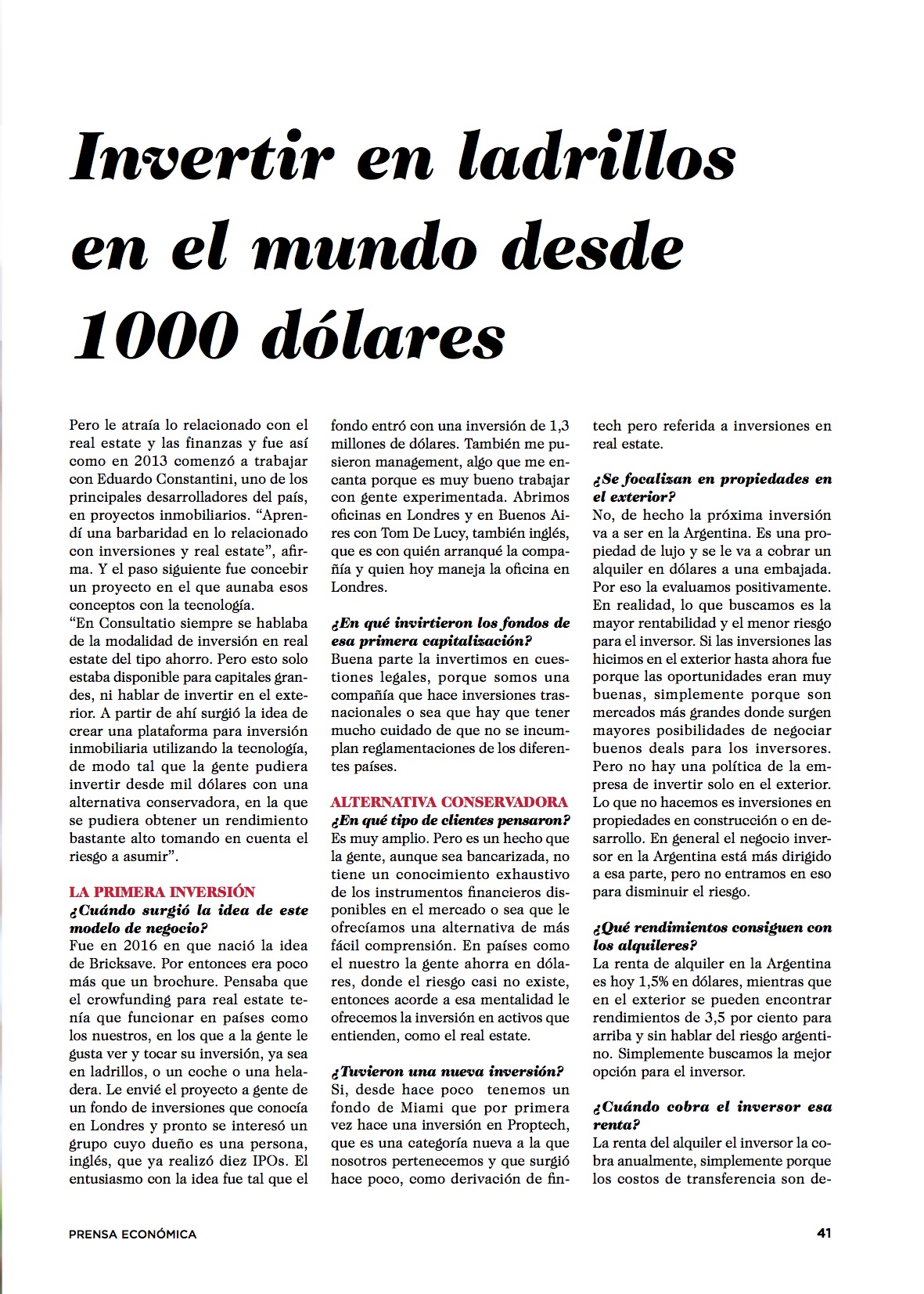 Bricksave COO, Sofia Gancedo, featured in Prensa Económica