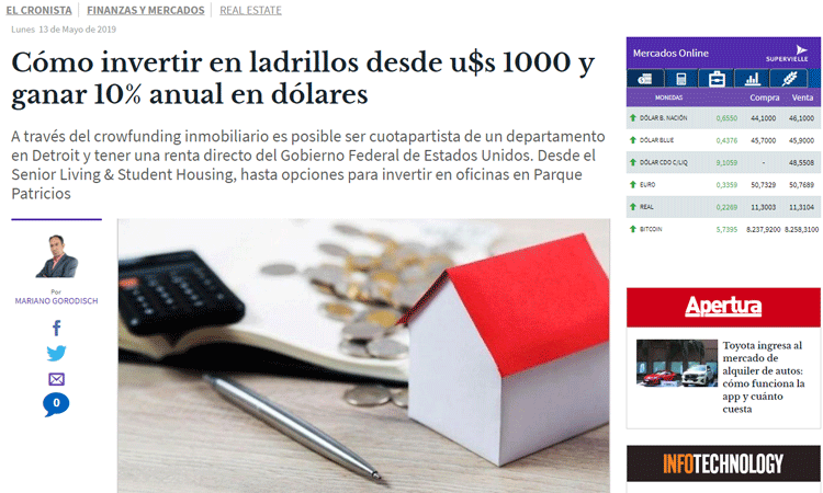 El Cronista "How To Earn a 10% Annual Rental Returns From a $1,000 Real Estate Investment?"