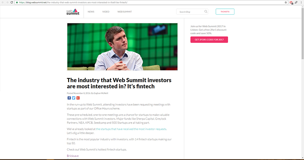 The industry that Web Summit investors are most interested in? It’s fintech