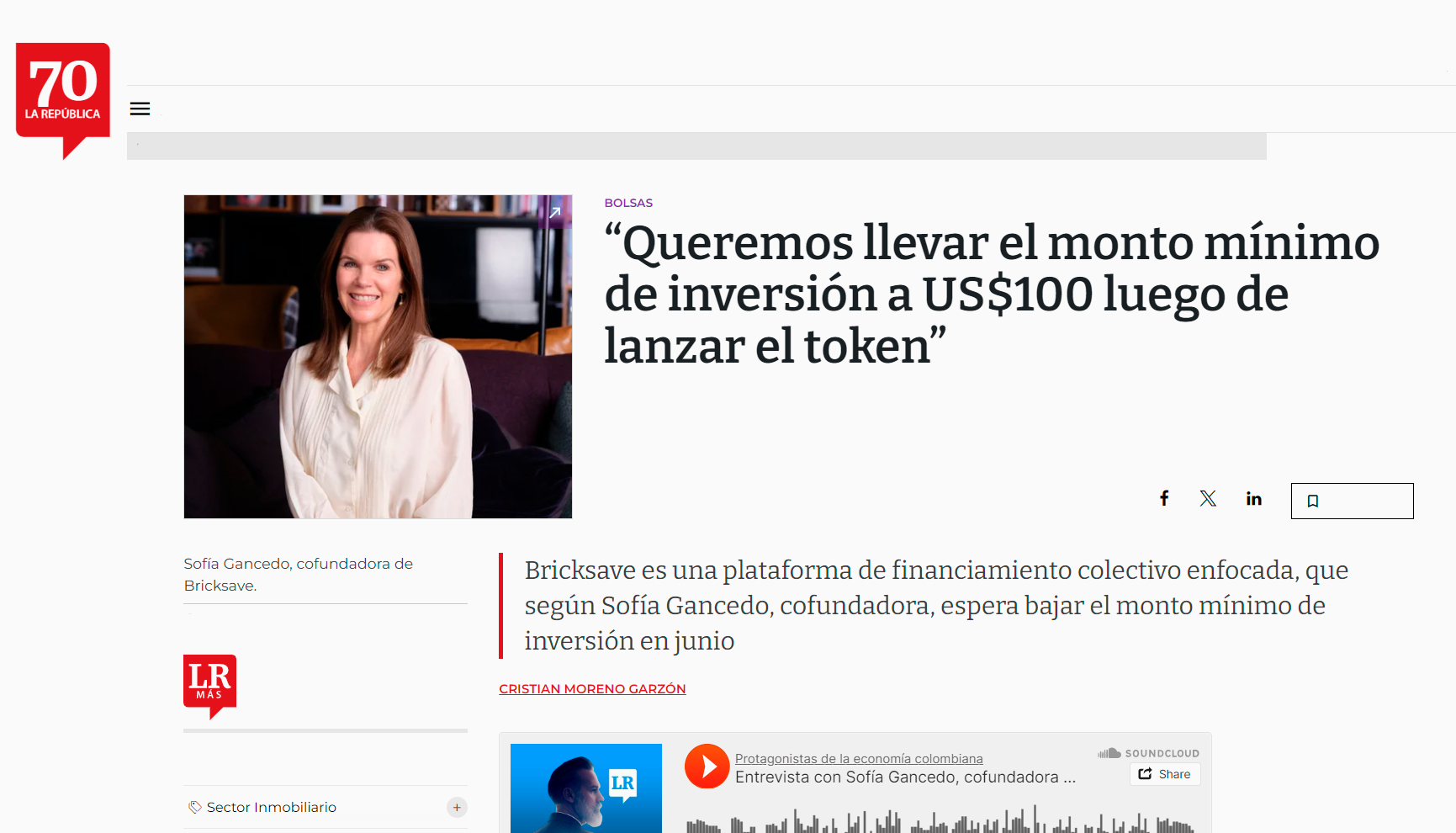 Bricksave in the press (La República, Colombia): “Queremos llevar el monto mínimo de inversión a US$100 luego de lanzar el token”.